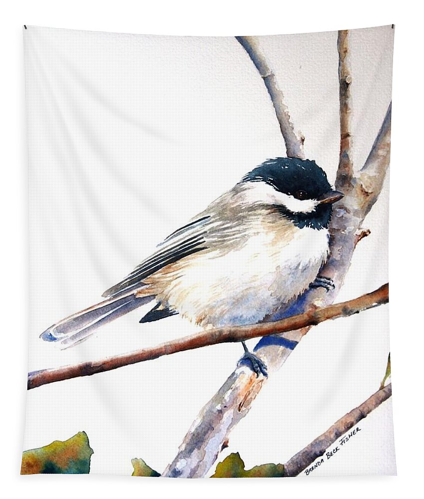 Black Capped Chickadee Tapestry featuring the painting My Little Chickadee by Brenda Beck Fisher