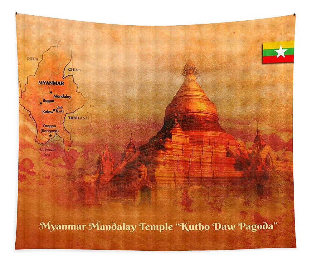 Myanmar Mandalay Temple Tapestry featuring the digital art Myanmar temple kutho daw pagoda by John Wills