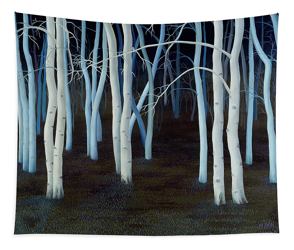 Wood; Woodland; Trees; Nocturne; Night; Tree Trunks; Luminous; White; Dark; Forest; Eyes; Atmospheric; Eerie Tapestry featuring the painting Mystic by Magdolna Ban