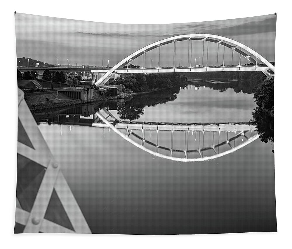 America Tapestry featuring the photograph Nashville Veterans Memorial Bridge in Black and White by Gregory Ballos