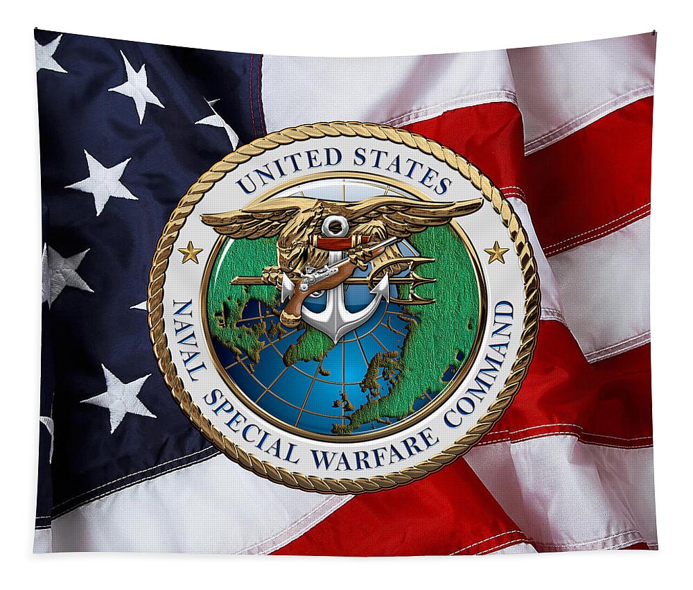 'military Insignia & Heraldry - Nswc' Collection By Serge Averbukh Tapestry featuring the digital art Naval Special Warfare Command - N S W C - Emblem over U. S. Flag by Serge Averbukh