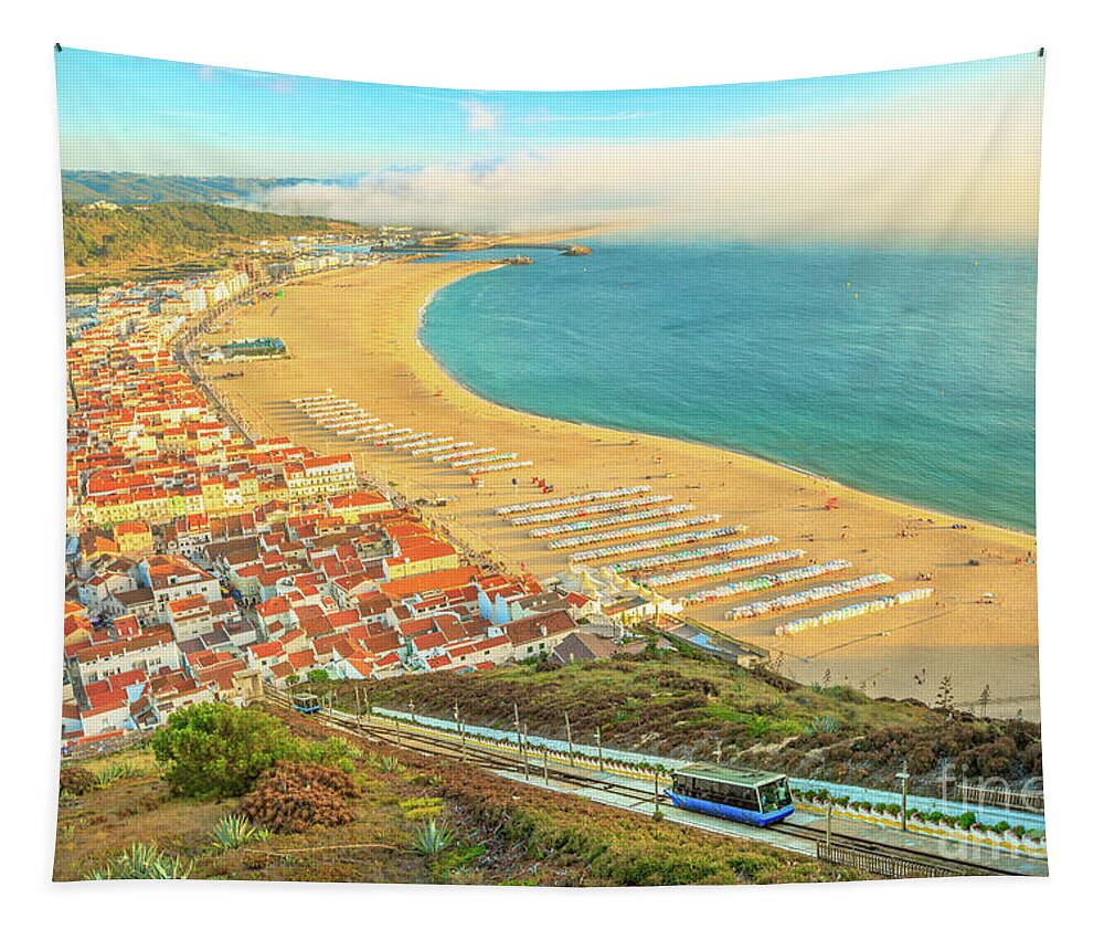 Nazare Portugal Tapestry featuring the photograph Nazare skyline funicular by Benny Marty