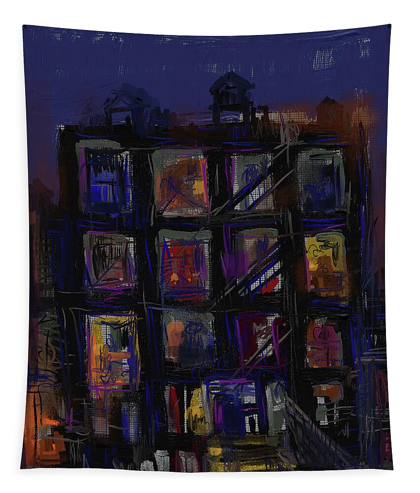 Abstract Building Tapestry featuring the mixed media Neighbors by Russell Pierce