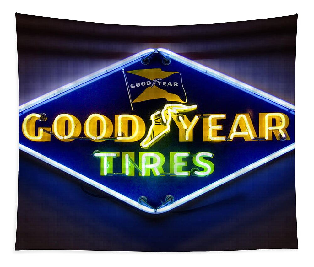 Transportation Tapestry featuring the photograph Neon Goodyear Tires Sign by Mike McGlothlen