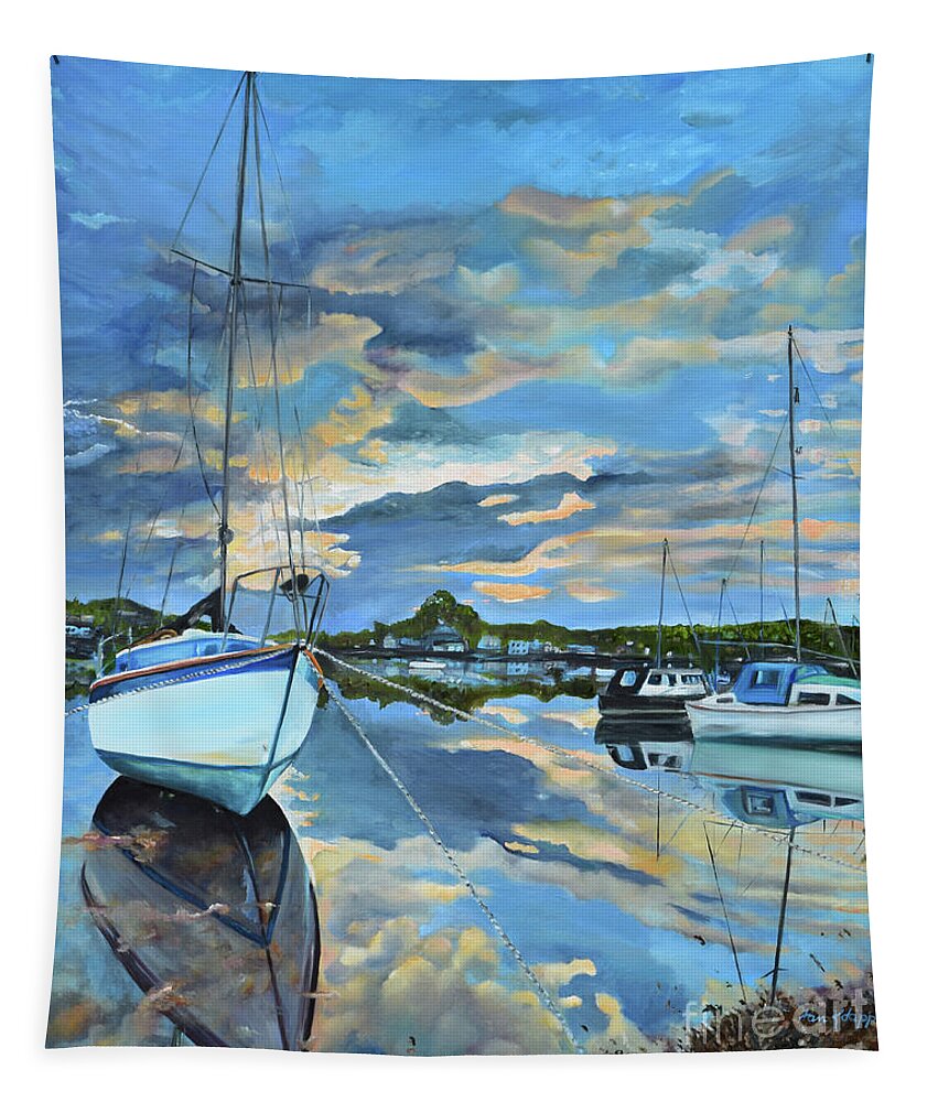 Boats Tapestry featuring the painting Nestled in for the Night at Mylor Bridge - Cornwall UK - Sailboat by Jan Dappen