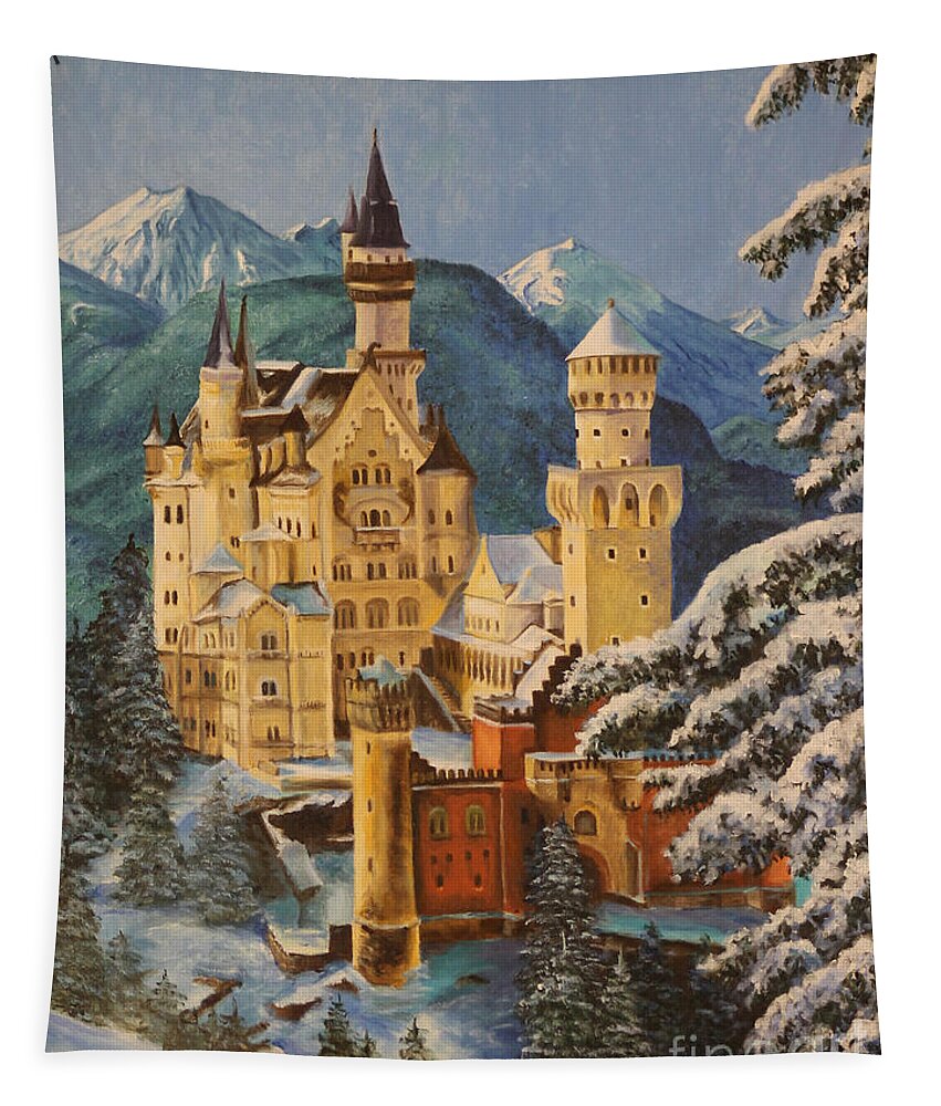 Germany Art Tapestry featuring the painting Neuschwanstein Castle in Winter by Charlotte Blanchard