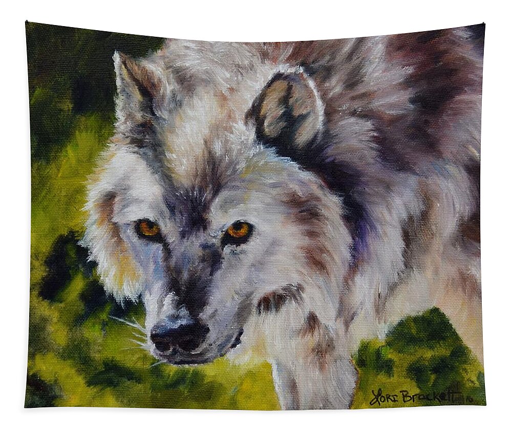 Wolf Tapestry featuring the painting New Kid on the Block by Lori Brackett