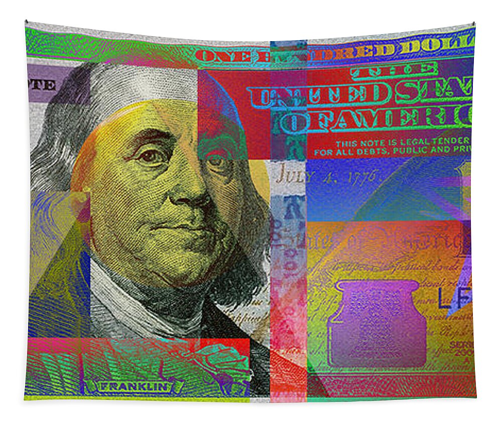 Visual Art Pop By Serge Averbukh Tapestry featuring the photograph New Pop-colorized One Hundred US Dollar Bill by Serge Averbukh