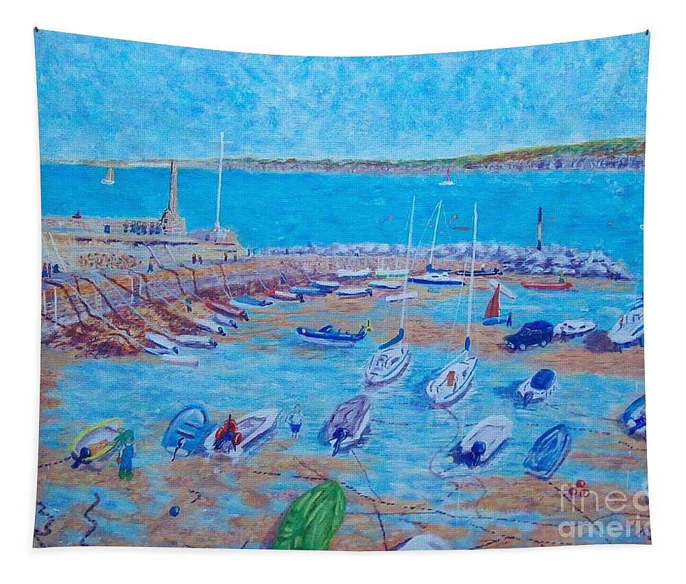 Painting New Quay Harbour Blue Boats Ceredigion Tapestry featuring the painting New Quay Harbour Blue Boats Ceredigion by Edward McNaught-Davis