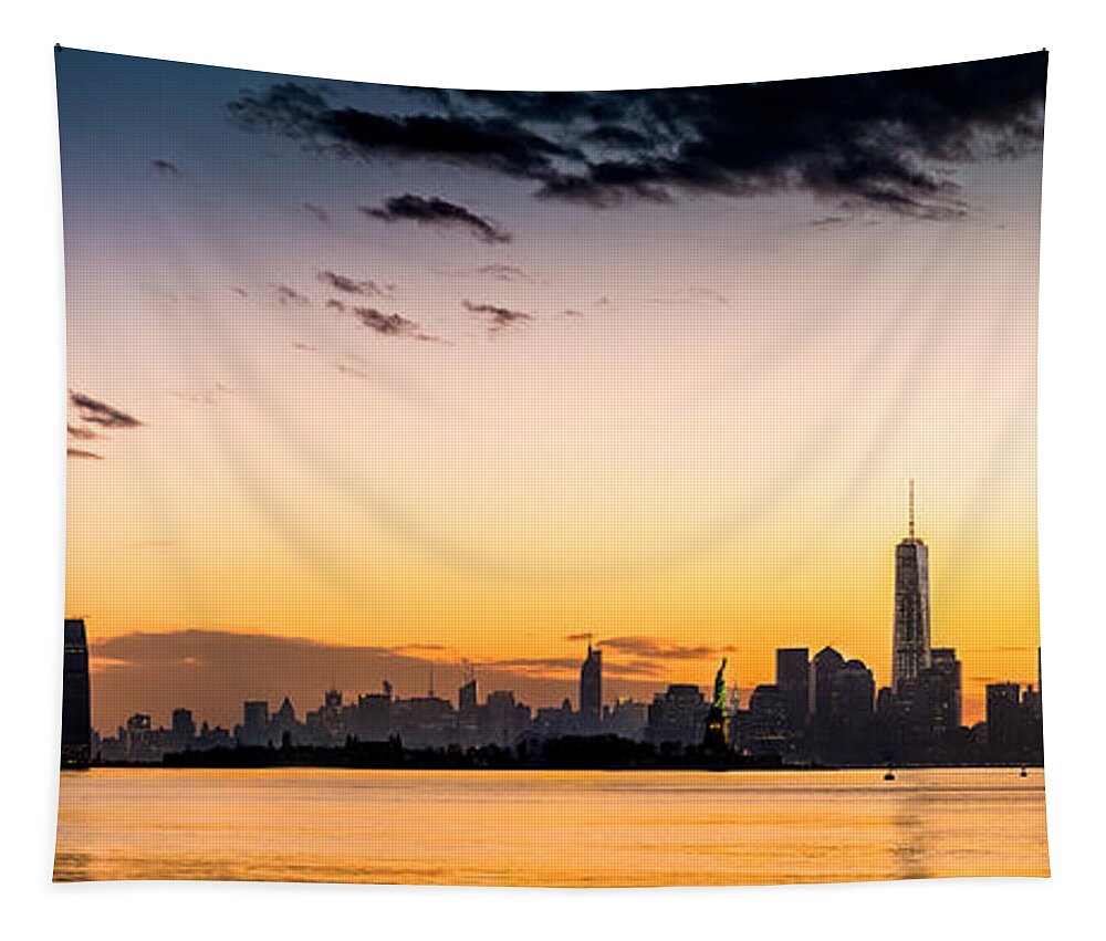 Hudson River Tapestry featuring the photograph New York and Jersey City sunrise panorama by Mihai Andritoiu