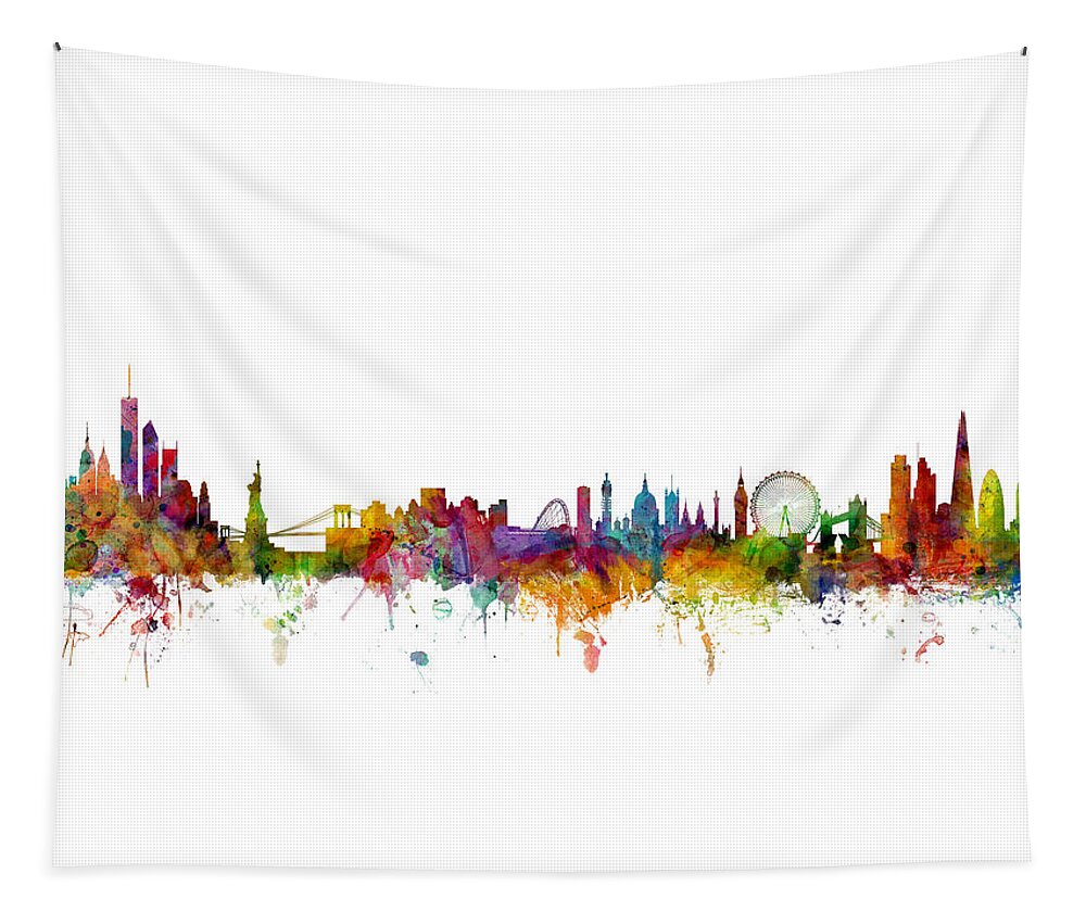 Cityscape Tapestry featuring the digital art New York and London Skyline Mashup by Michael Tompsett