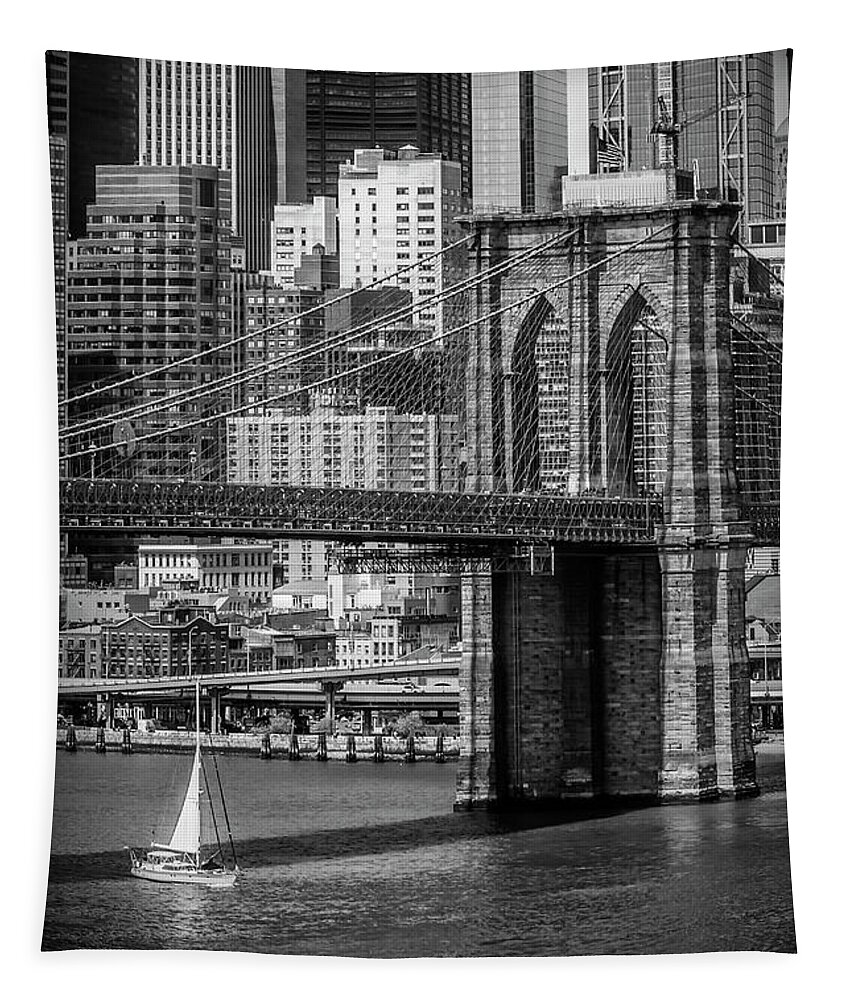 New York Tapestry featuring the photograph NEW YORK CITY Brooklyn Bridge and Lower Manhattan - monochrome by Melanie Viola