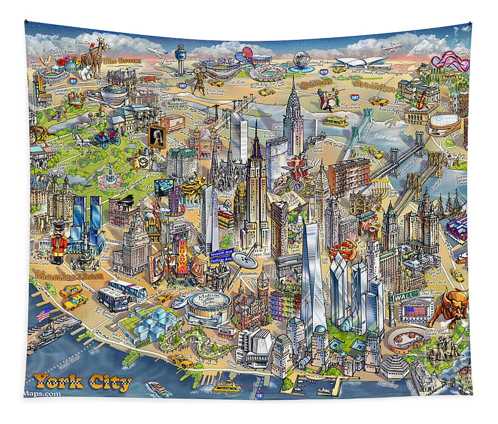 Manhattan Tapestry featuring the painting New York City Illustrated Map by Maria Rabinky