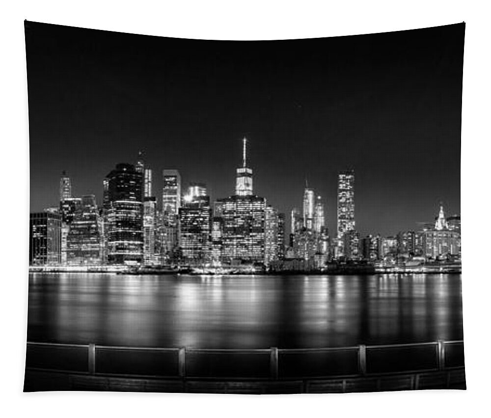 New York City Skyline Tapestry featuring the photograph New York City Skyline Panorama At Night BW by Az Jackson