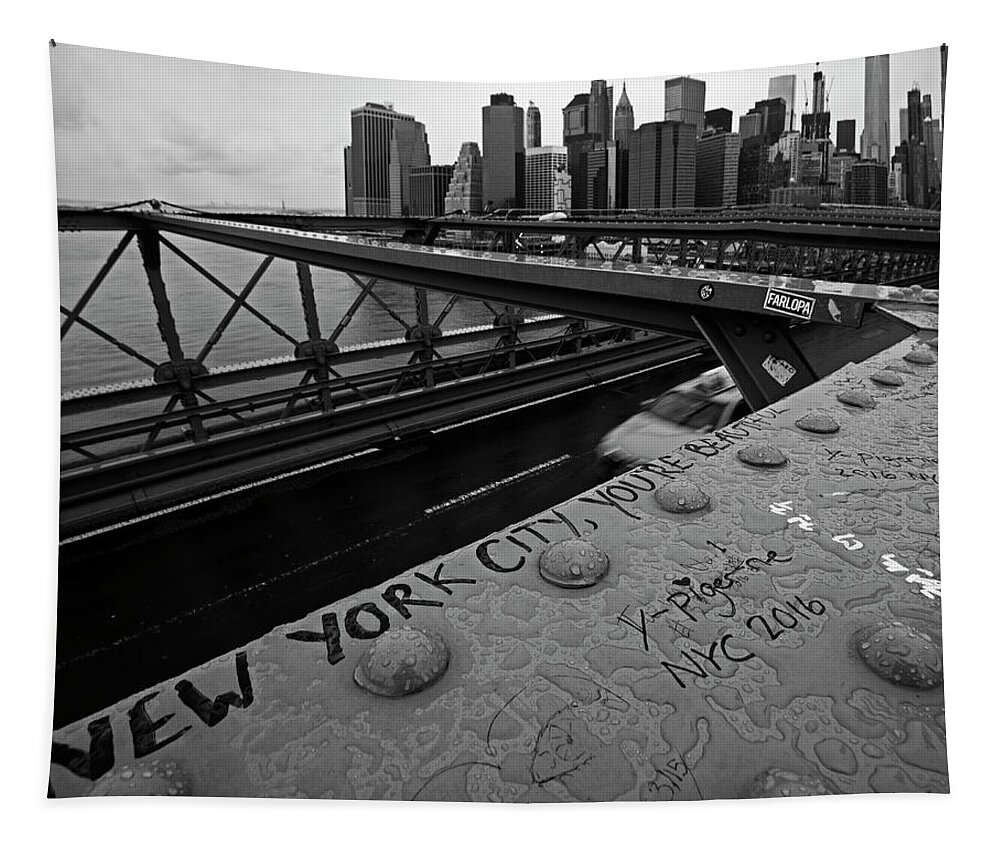 New York Tapestry featuring the photograph New York City You're Beautiful Brooklyn Bridge NY Black and White by Toby McGuire