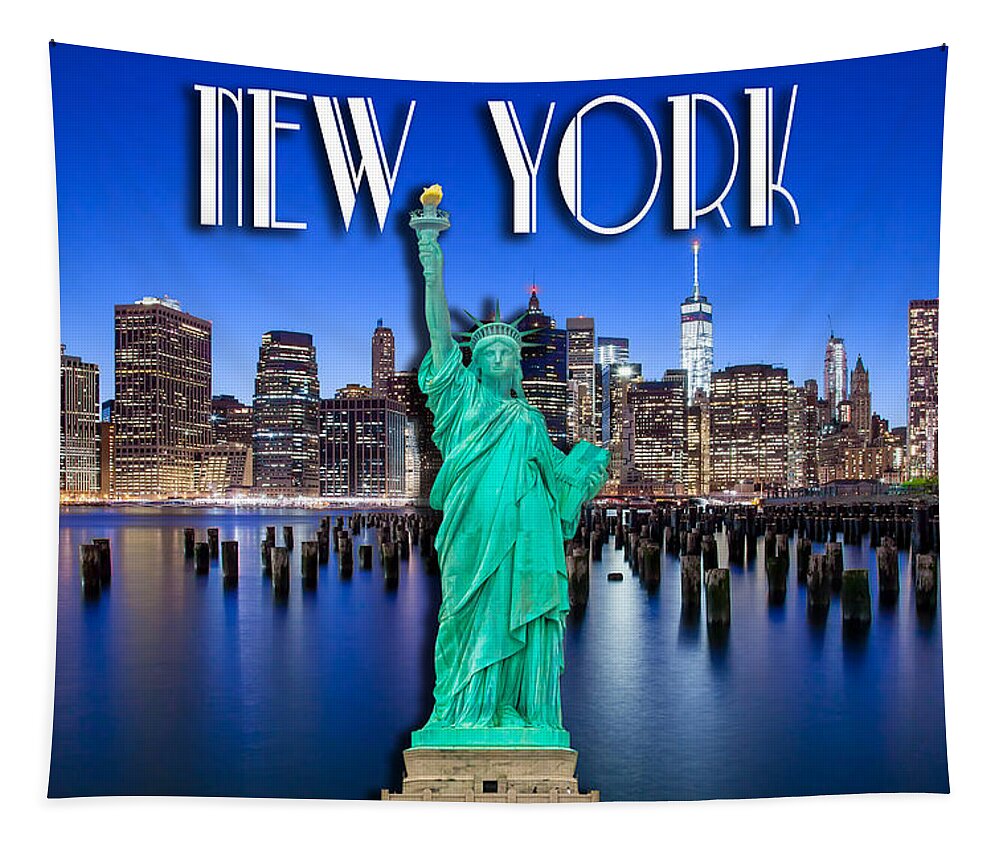 World Trade Center Tapestry featuring the photograph New York Classic Skyline with Statue Of Liberty by Az Jackson