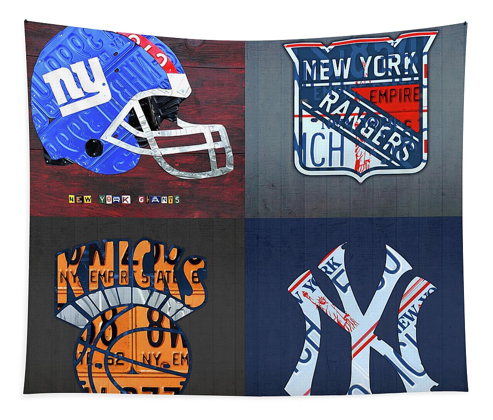 New York Tapestry featuring the mixed media New York Sports Team License Plate Art Giants Rangers Knicks Yankees by Design Turnpike