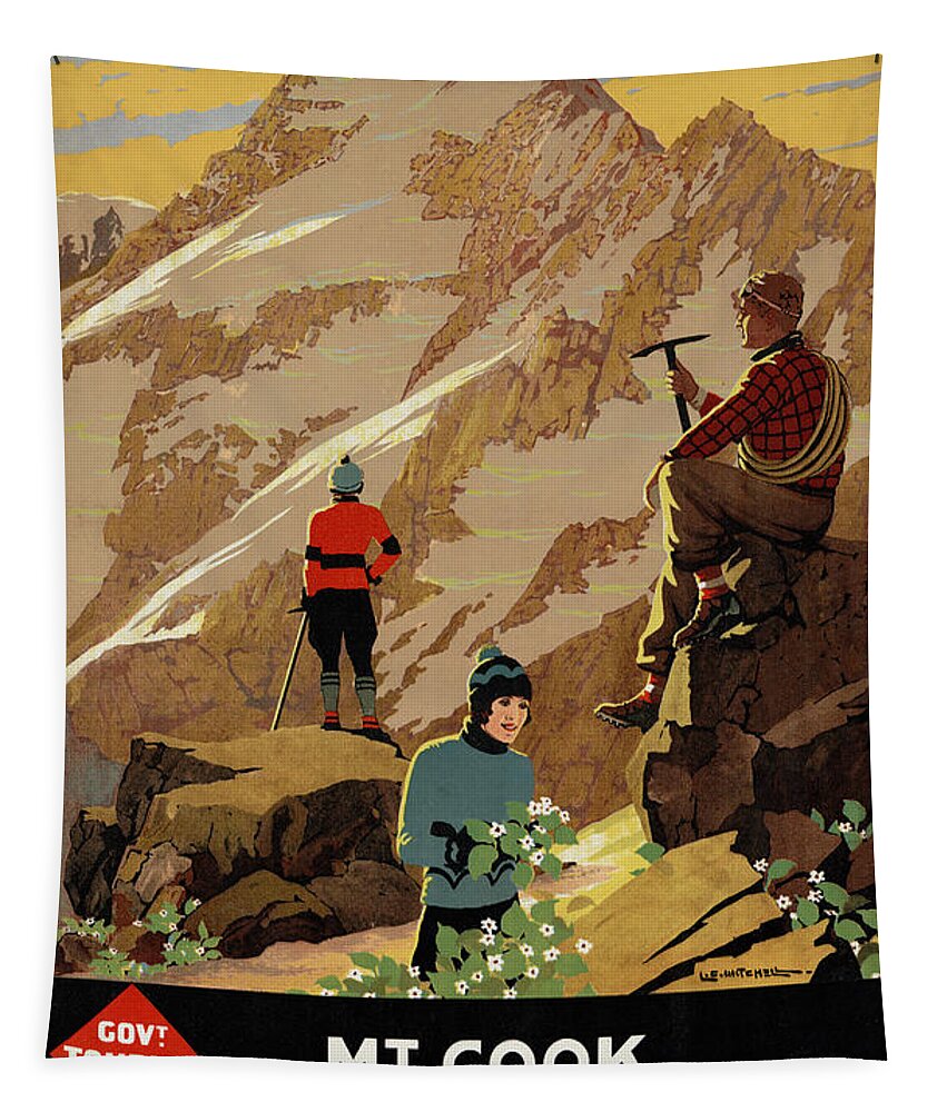 Retro Tapestry featuring the painting New Zealand Mt. Cook Vintage Poster Restored by Vintage Treasure