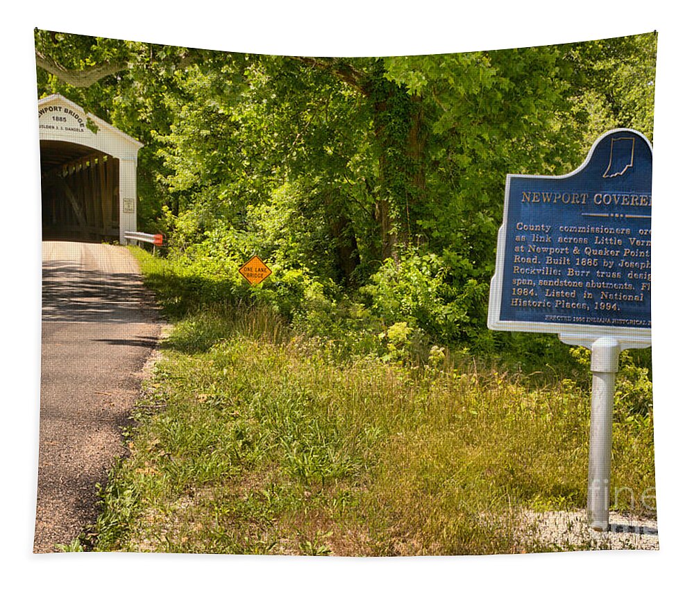 Newport Covered Bridge Tapestry featuring the photograph Newport Covered Bridge Sign by Adam Jewell