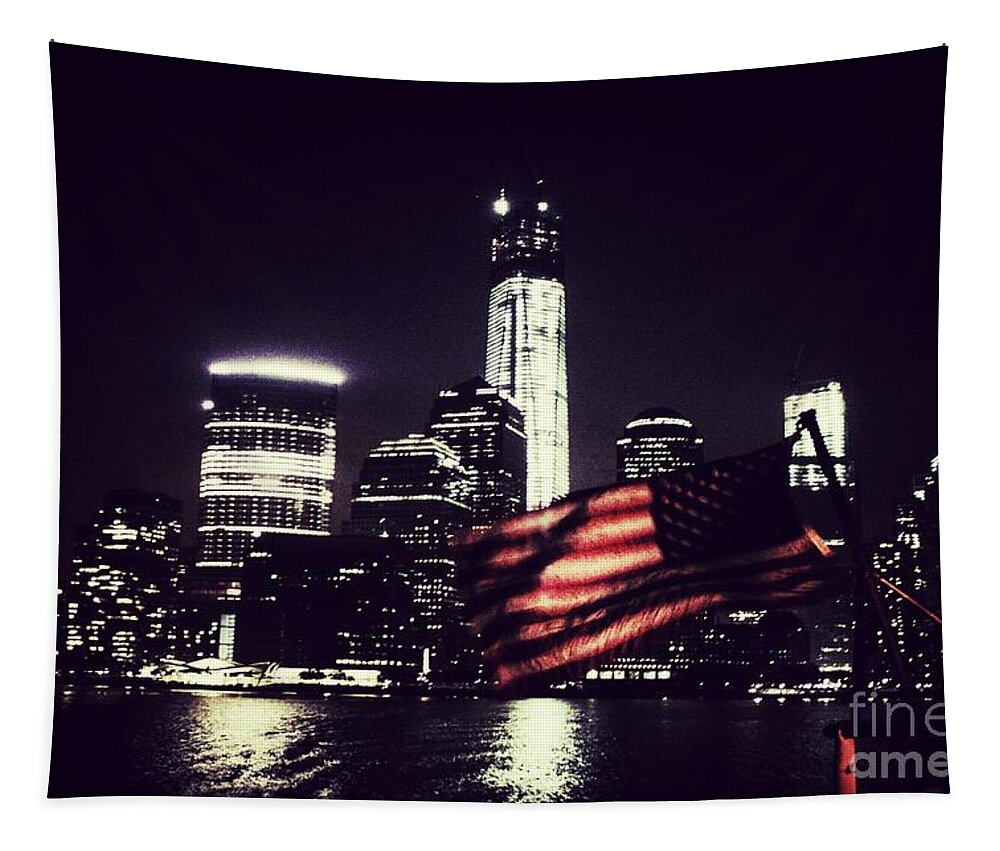 New York City Skyline Tapestry featuring the photograph Night Flag by HELGE Art Gallery