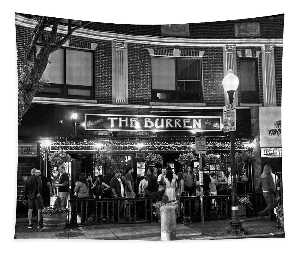 Burren Tapestry featuring the photograph Night out at the Burren Somerville MA Davis Square Black and White by Toby McGuire
