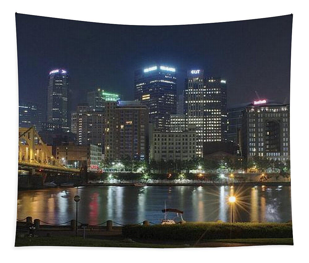 Pittsburgh Tapestry featuring the photograph Night Panorama of Pittsburgh by Frozen in Time Fine Art Photography