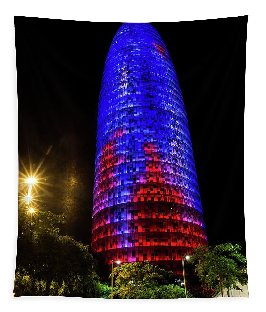 Nocturnal Illumination Tapestry featuring the photograph Nocturnal Illumination - Torre Agbar Barcelona Soft Golden Glow by Georgia Mizuleva