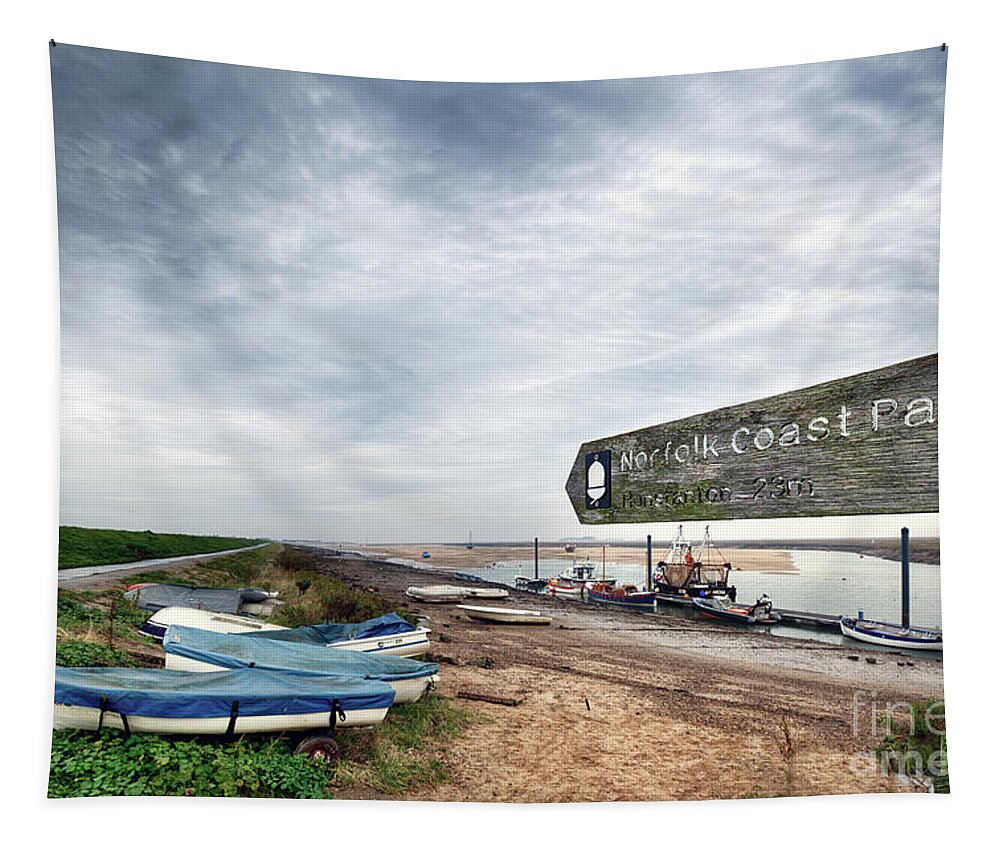 Norfolk Tapestry featuring the photograph Norfolk coastal path sign and boats by Simon Bratt