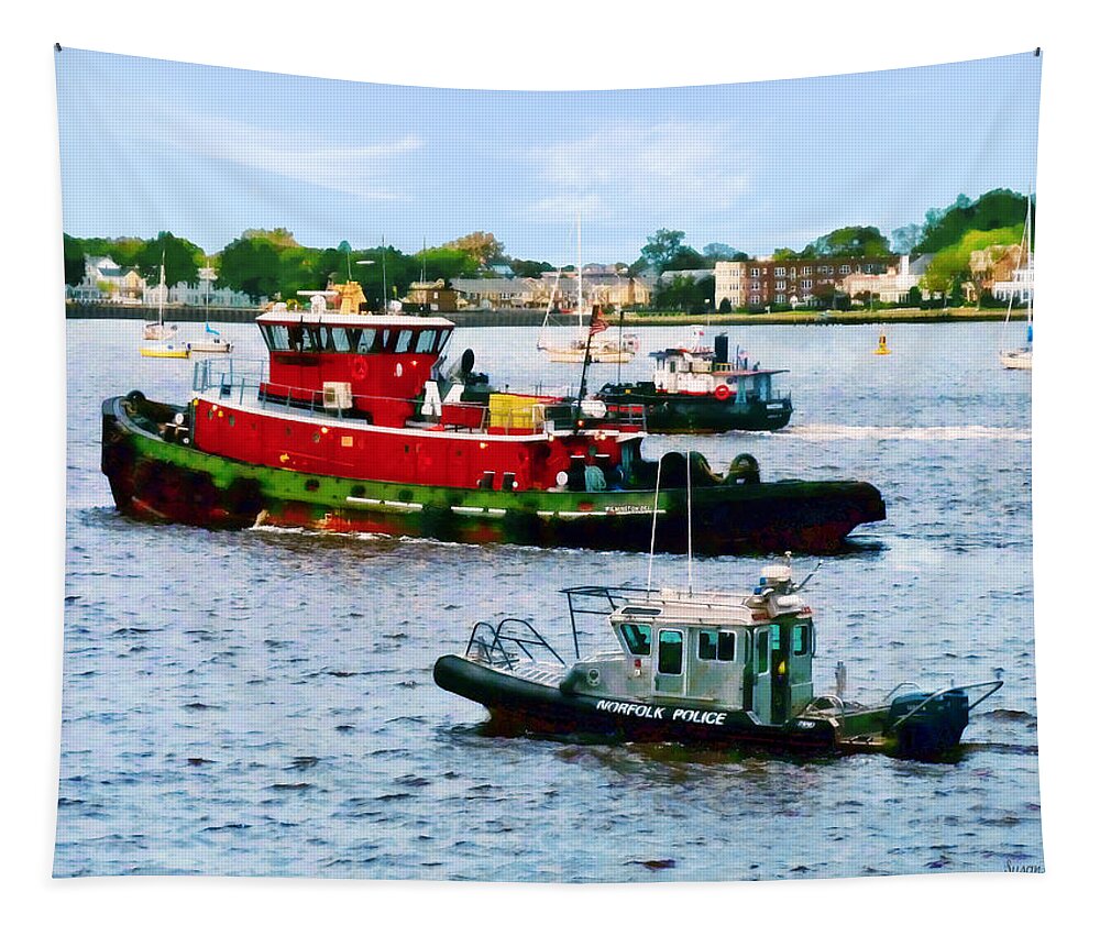 Boat Tapestry featuring the photograph Norfolk VA - Police Boat and Two Tugboats by Susan Savad