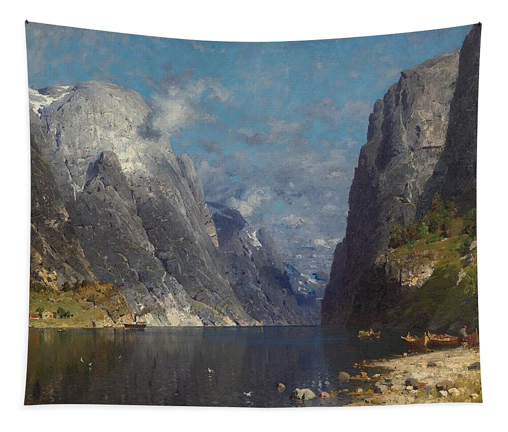 Normann Tapestry featuring the painting NORMANN, ADELSTEEN Vagoya i Bodin 1848 - 1918 Kristiania Fjord landscape. by Celestial Images