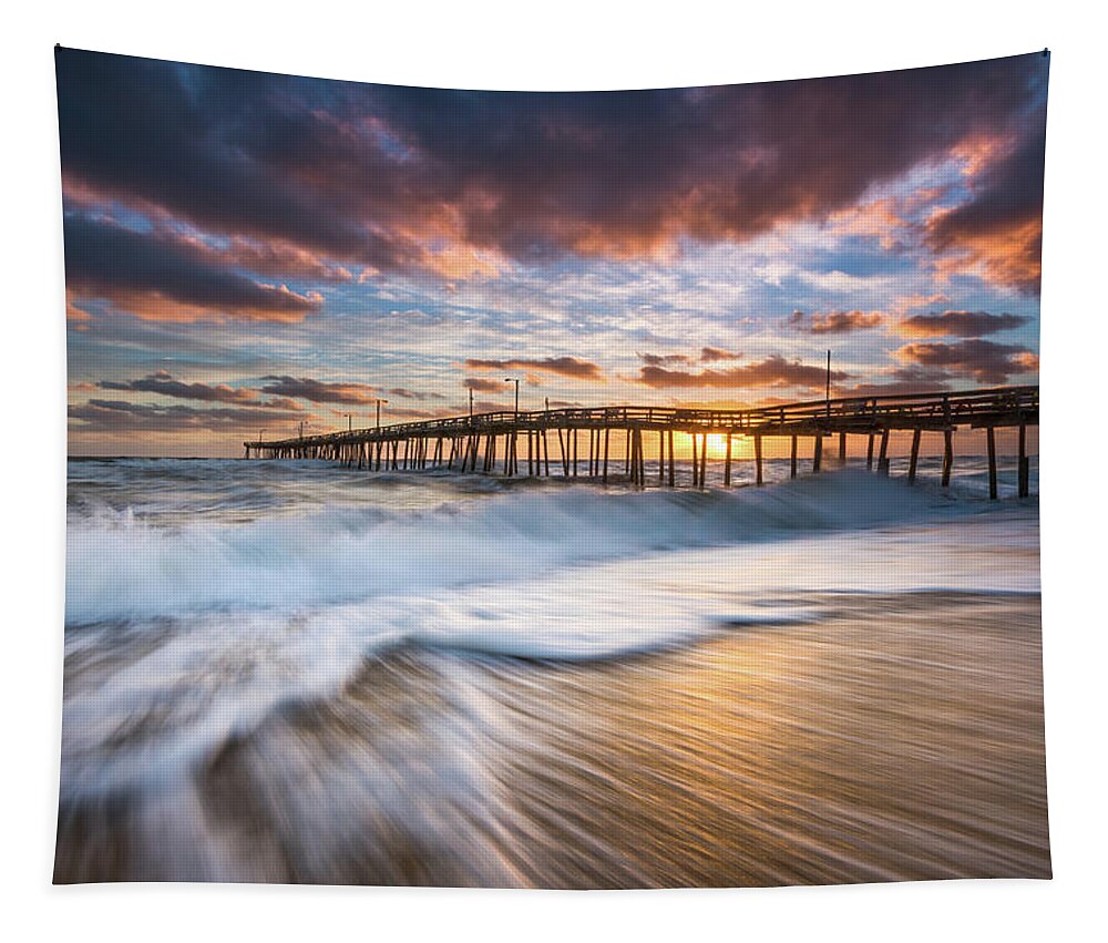 North Carolina Tapestry featuring the photograph North Carolina Outer Banks Seascape Nags Head Pier OBX NC by Dave Allen