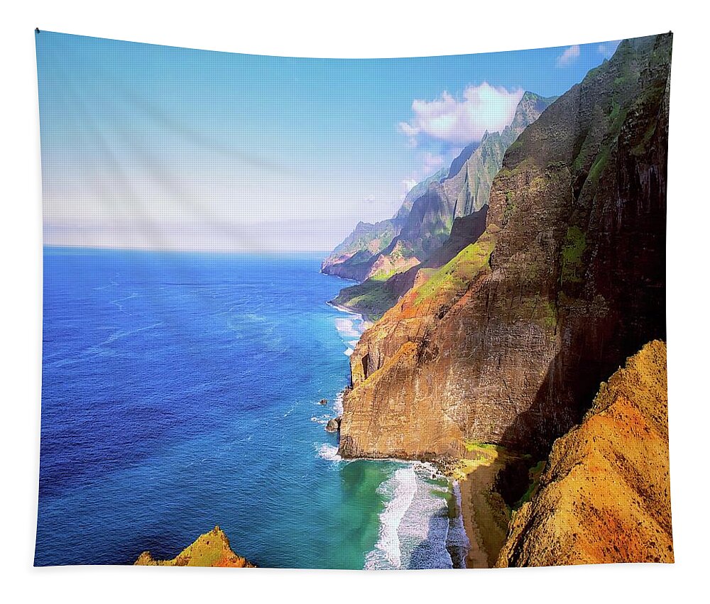 Olenaart Tapestry featuring the photograph Kauai, Hawaii Aerial View of the North Na Pali Coast by OLena Art by Lena Owens - Vibrant DESIGN