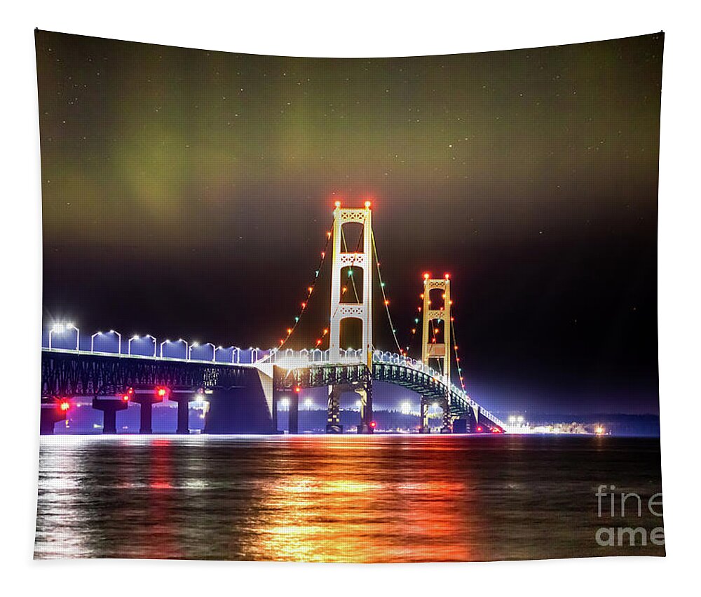 Mackinac Tapestry featuring the photograph Northern Lights Over Mackinac Bridge -5445 by Norris Seward