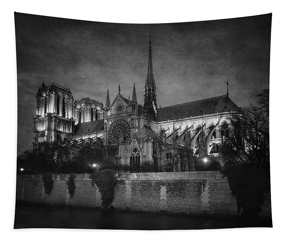 Paris Tapestry featuring the photograph Notre Dame on the Seine BW by Joan Carroll