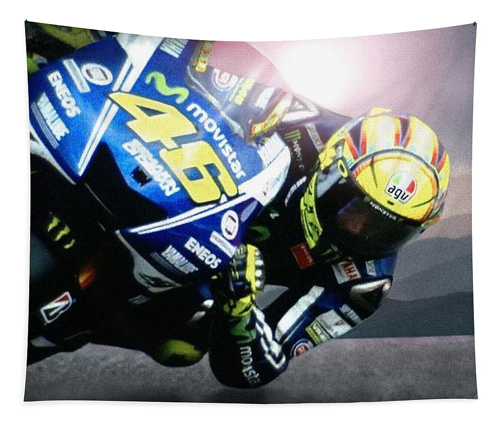 Valentino Rossi Tapestry featuring the digital art Number 46 by Bill Stephens