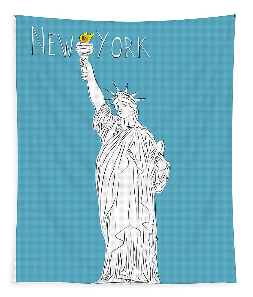 New York Tapestry featuring the digital art NY Statue of Liberty Line Art by BONB Creative