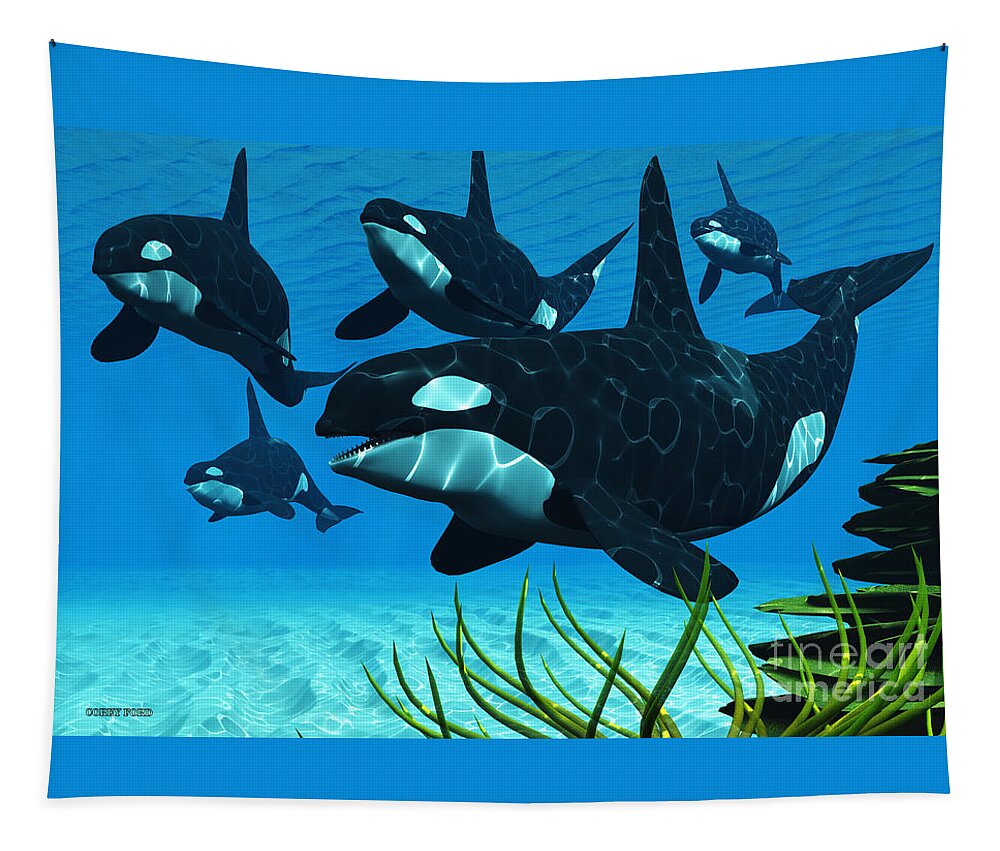 Whale Tapestry featuring the painting Ocean Killer Whales by Corey Ford