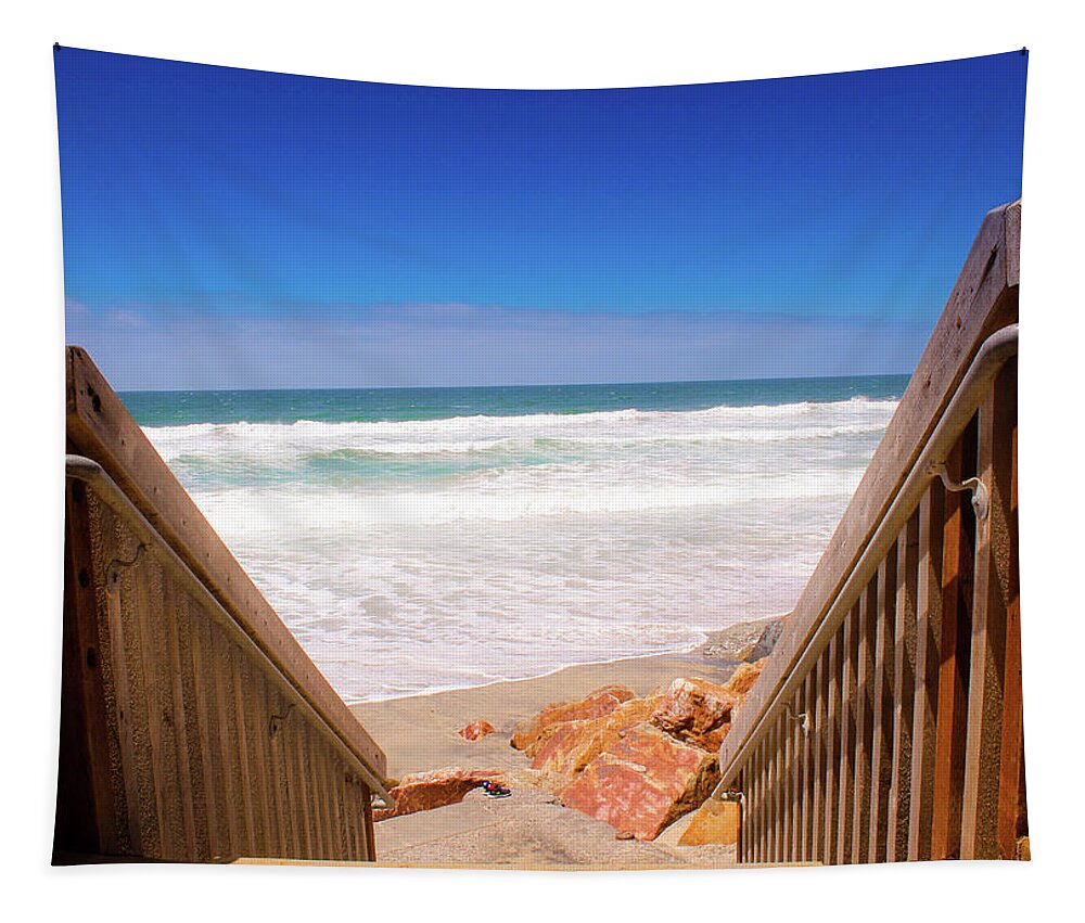 Beach Tapestry featuring the photograph Oceanside Steps by Alison Frank