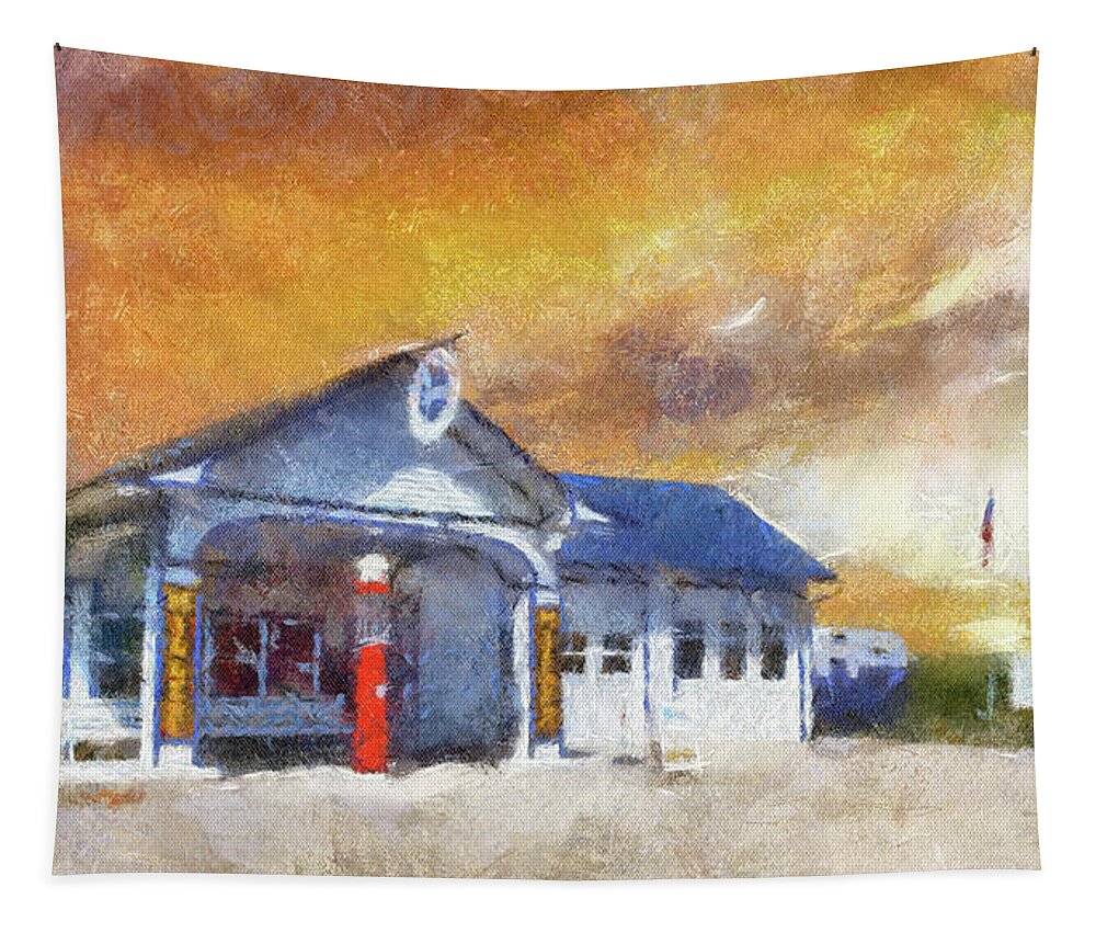Red Tapestry featuring the photograph Odell IL Gas Station At SunSet PA by Thomas Woolworth