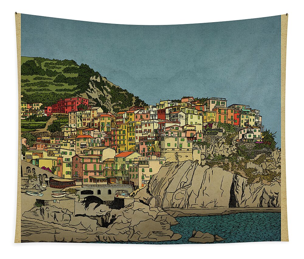 Manarola Tapestry featuring the drawing Of Houses and Hills by Meg Shearer
