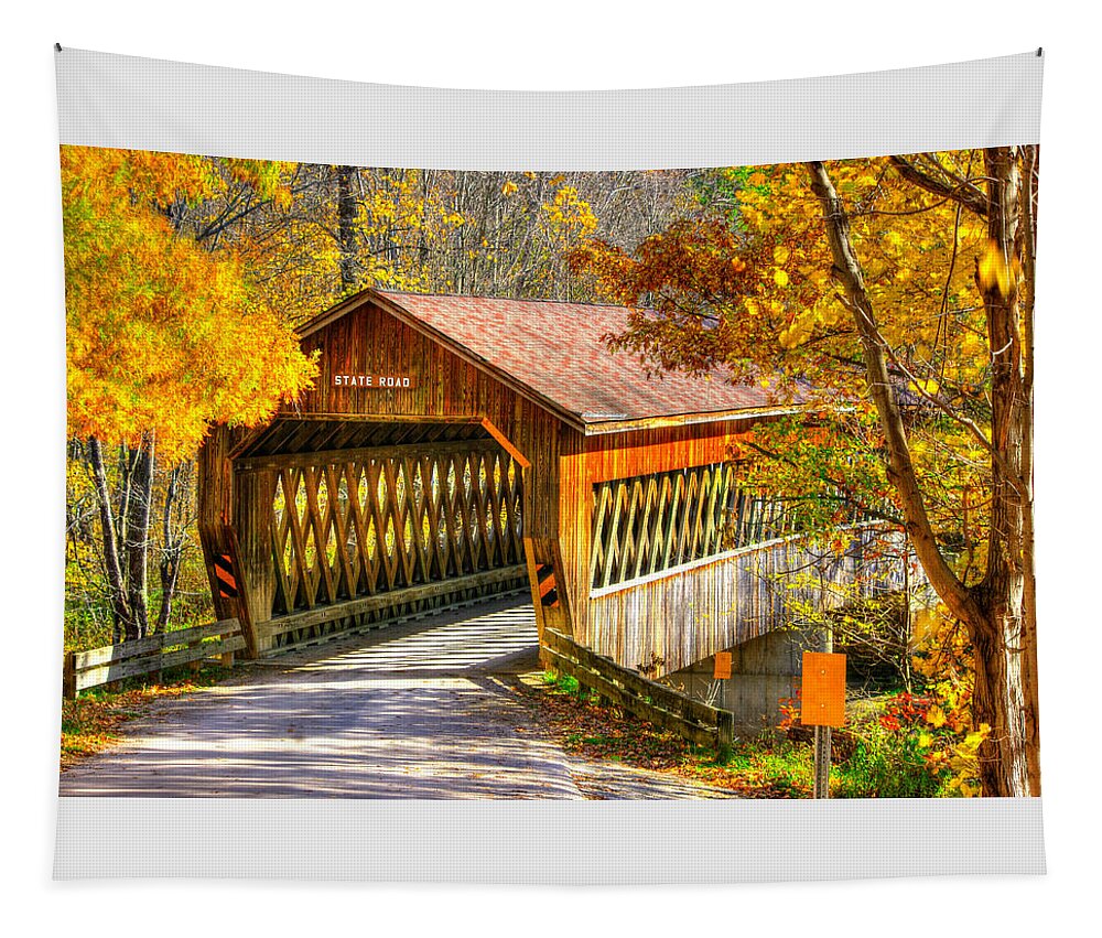 State Road Covered Bridge Tapestry featuring the photograph Ohio Country Roads - State Road Covered Bridge Over Conneaut Creek No. 11 - Ashtabula County by Michael Mazaika