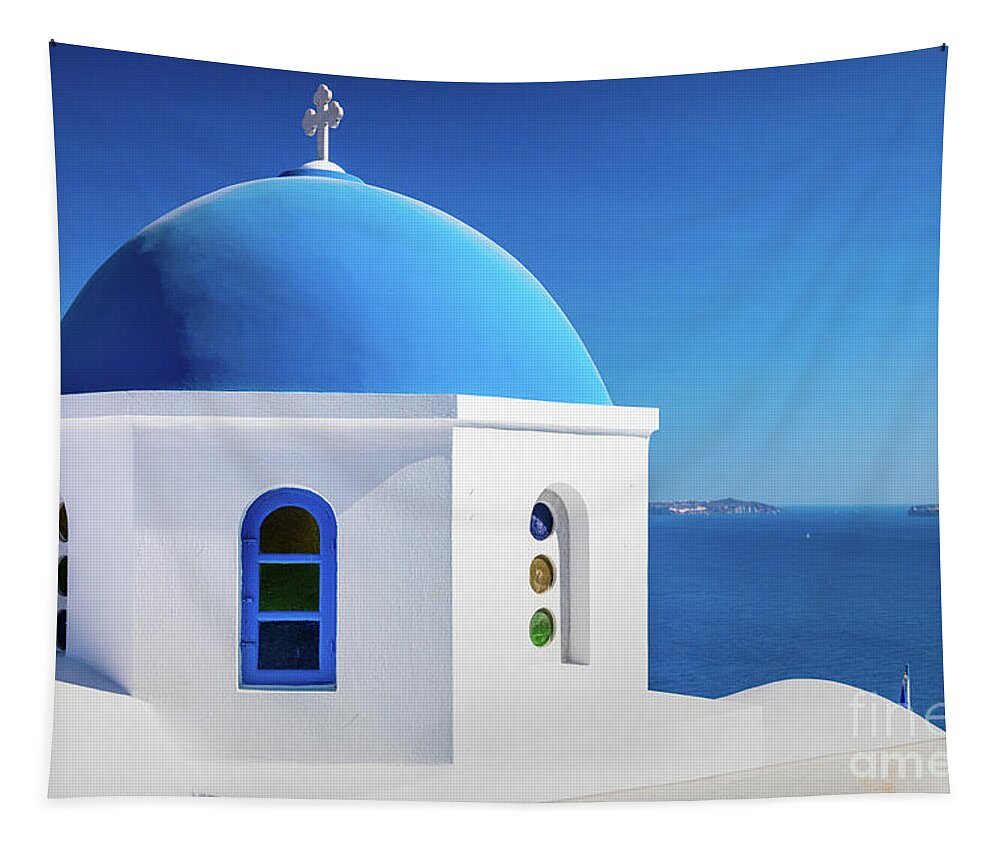 Aegean Sea Tapestry featuring the photograph Oia Chapel by Inge Johnsson