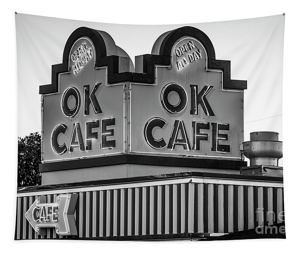 Reid Callaway Atlanta Classic Ok Cafe Tapestry featuring the photograph OK CAFE Neon 2 B W Atlanta Classic Landmark Restaurant Art by Reid Callaway