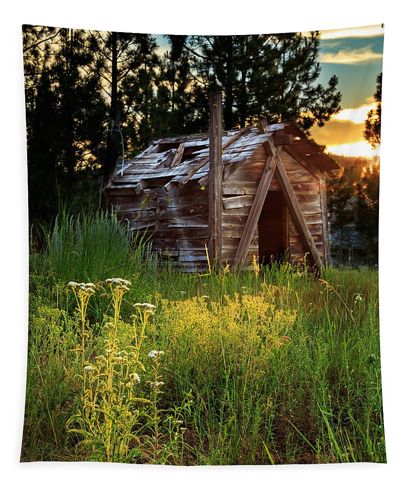 Cabin Tapestry featuring the photograph Old Cabin At Sunset by James Eddy