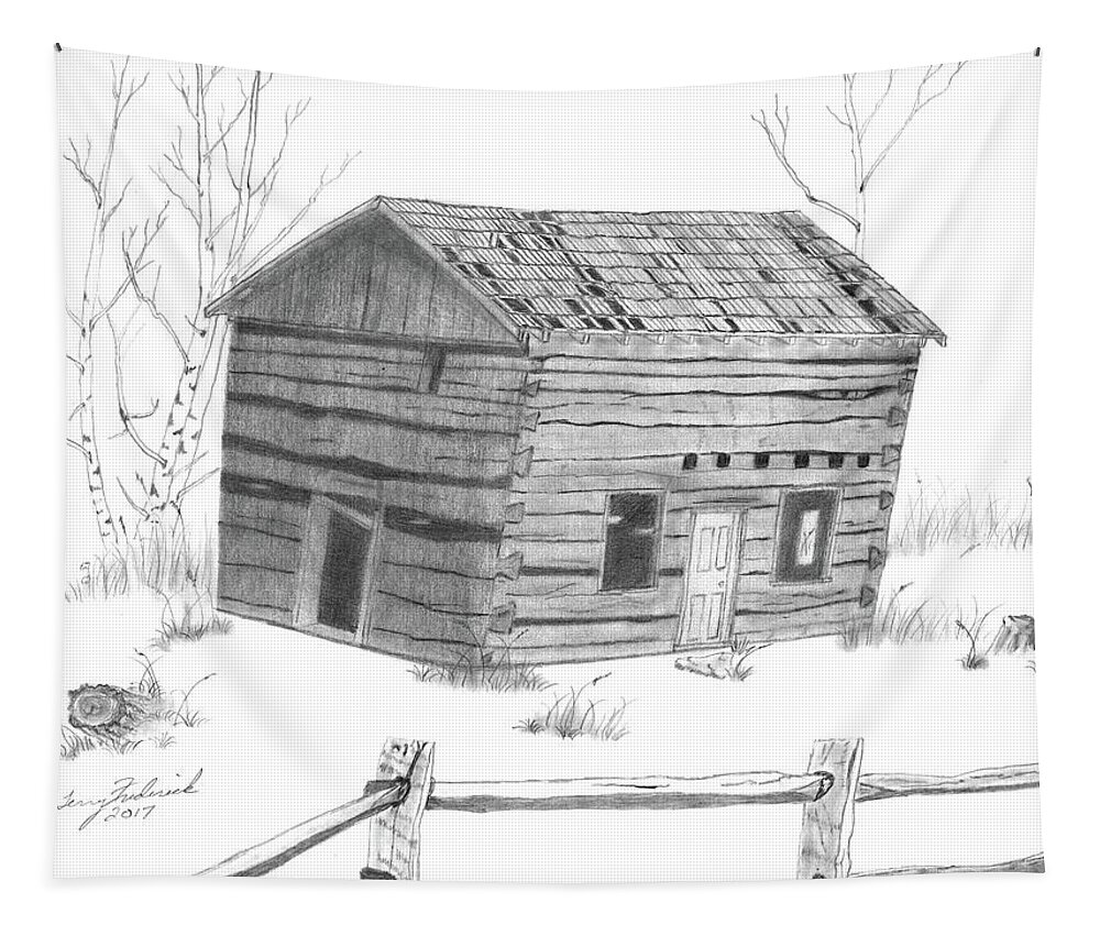 Cabin Tapestry featuring the drawing Old Cabin by Terry Frederick