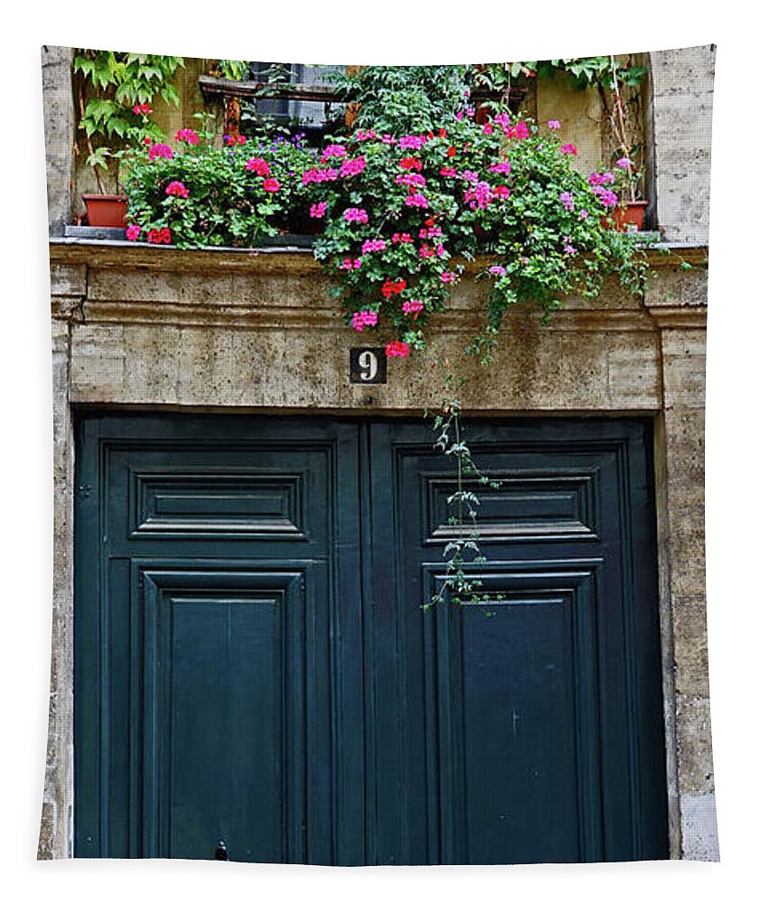 Paris Tapestry featuring the photograph Old Door With Flowers In The Wondow In Paris, France by Rick Rosenshein