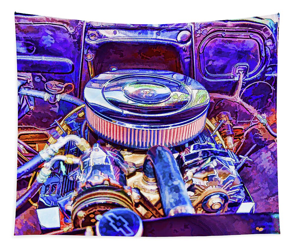 Old Engine Of American Car Tapestry featuring the painting Old Engine of American Car by Jeelan Clark