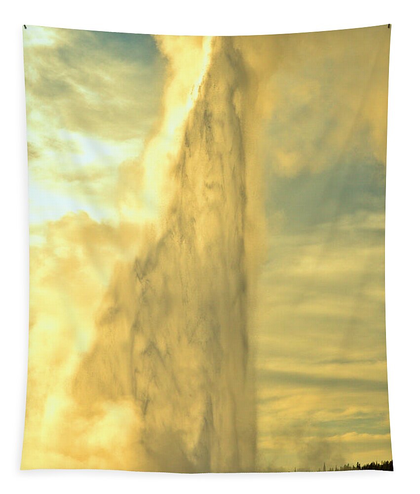 Old Faithful Tapestry featuring the photograph Old Faithful Spring Sunset Eruption by Adam Jewell