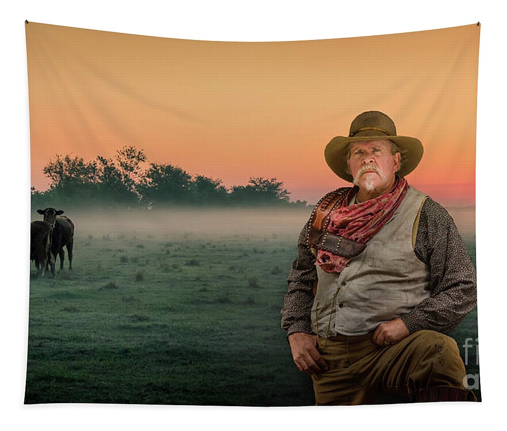 Dry Creek Tapestry featuring the photograph Old Farmer With Cows at Sunrise, Florida by Liesl Walsh