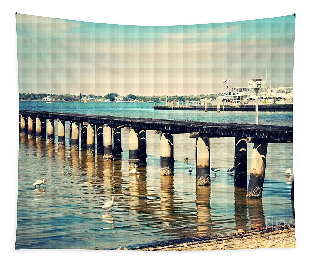 Florida Tapestry featuring the photograph Old Fort Myers Pier with Ibises by Carol Groenen